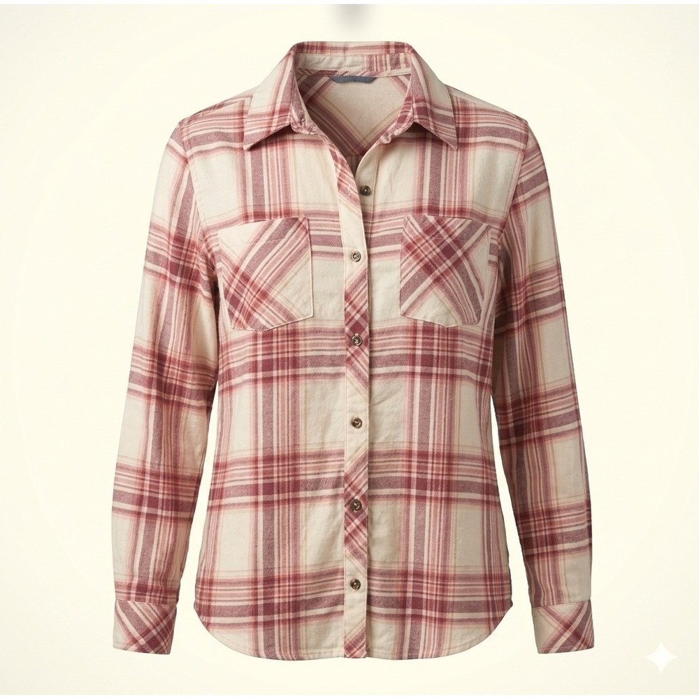 Natural Reflections Cotton Flannel Dark Pink Cream Plaid Button Up Shirt Women L